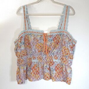 Sam Edelman‎ Floral Eyelet Peplum Tank Top XL Orange Pink Boho Cottagecore Mint